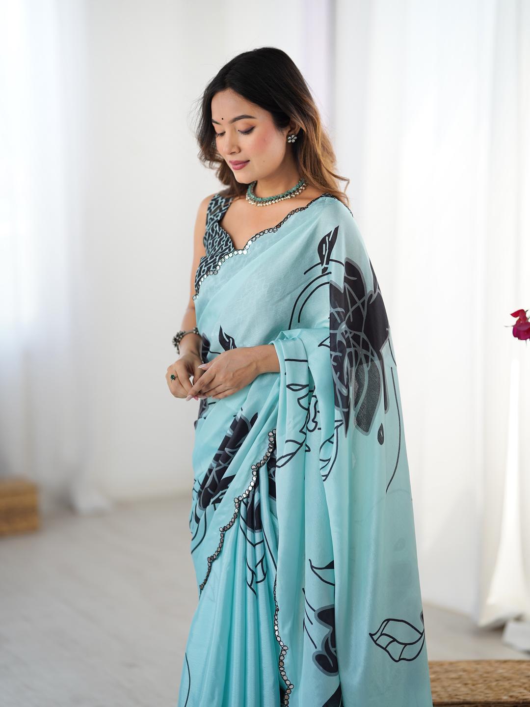 Urban Pallu Floral Mirror Work Silk Blend Saree