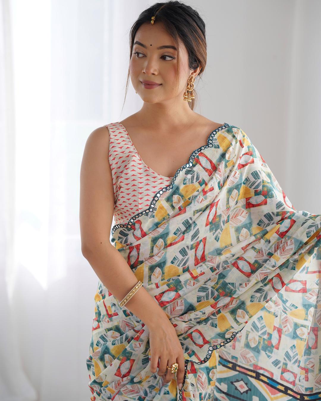 Urban Pallu Mirror Work Silk Blend Fusion Saree