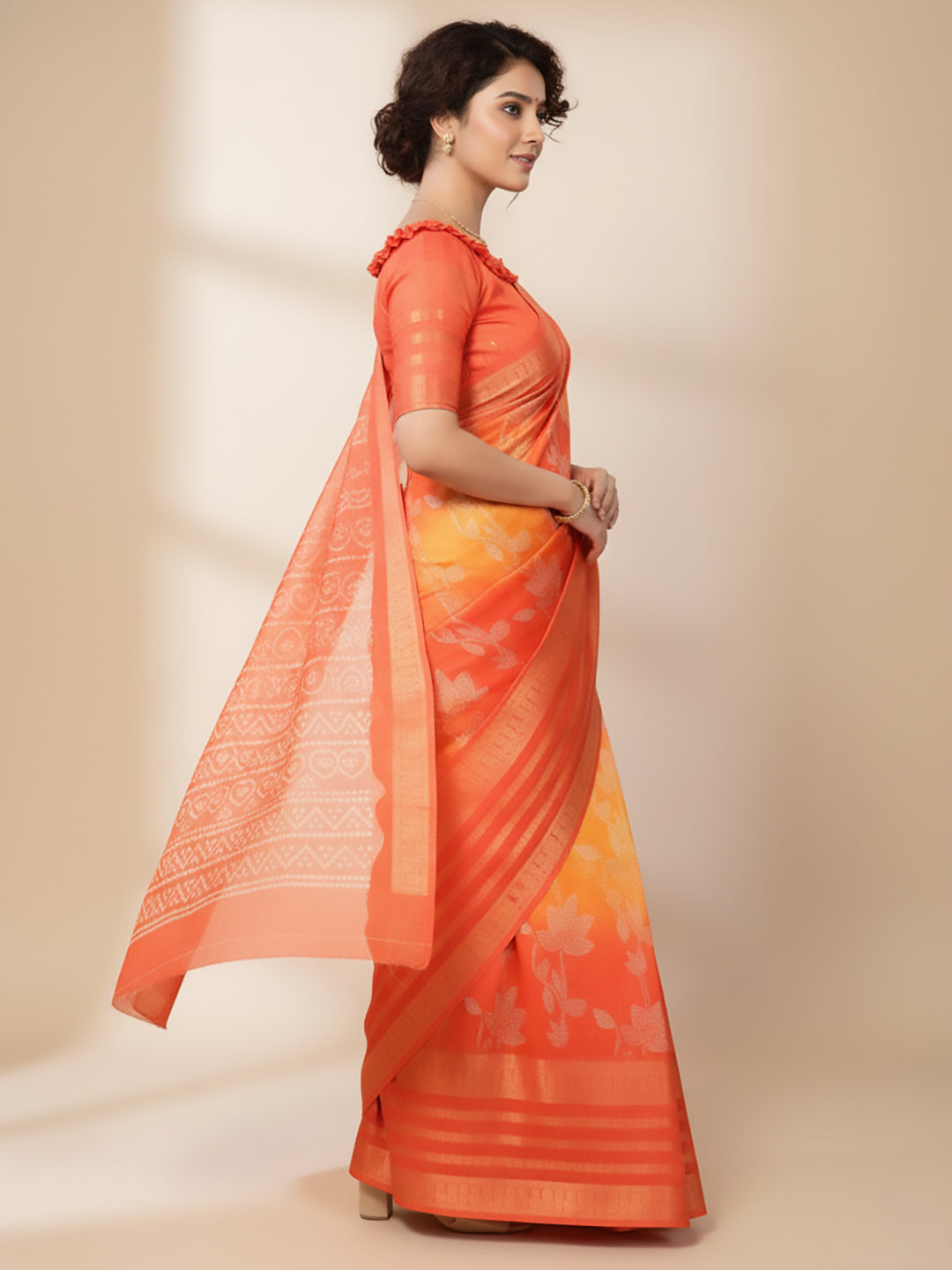 Urban Pallu Floral Sequinned Silk Blend Fusion Saree