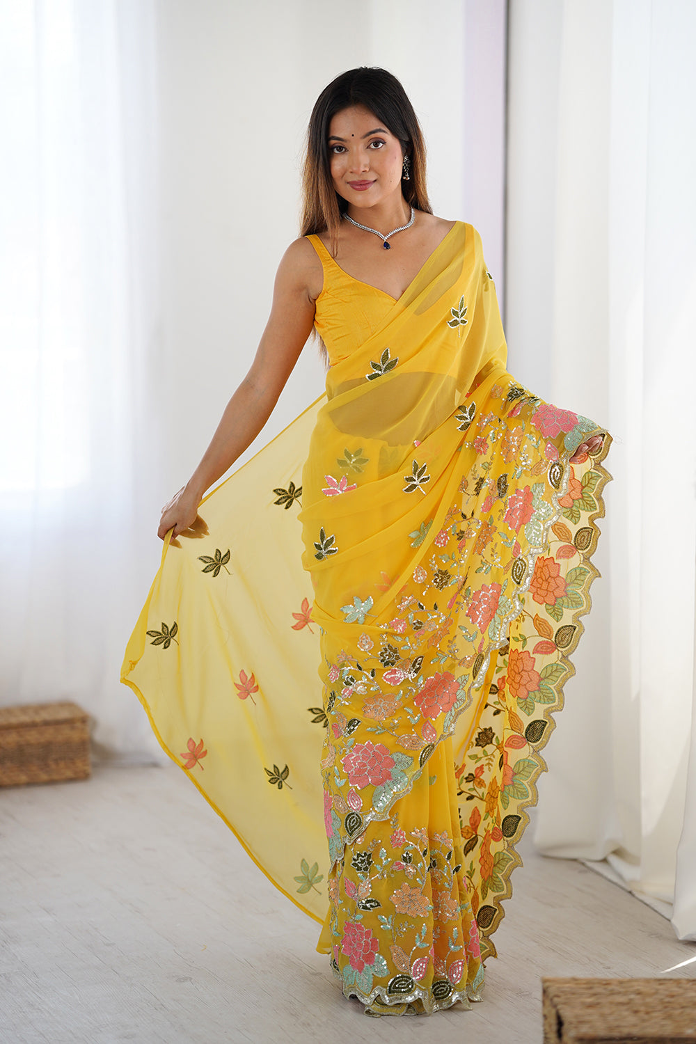 Urban Pallu Solid Poly Georgette Festive Saree