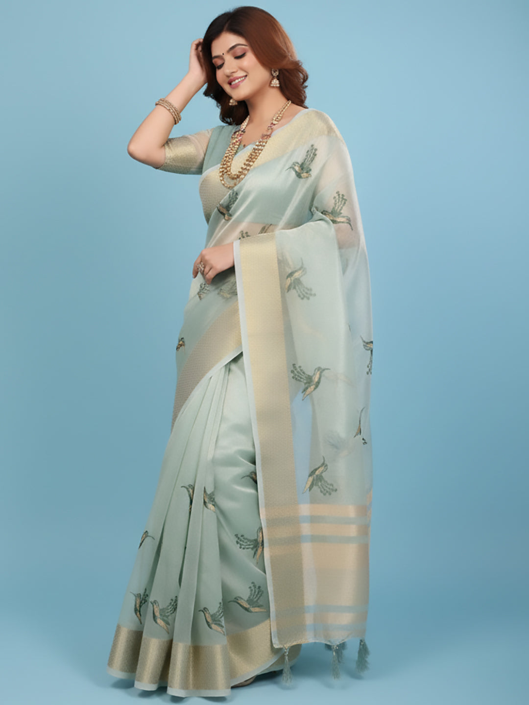 Urban Pallu Floral Sequinned Silk Blend Fusion Saree