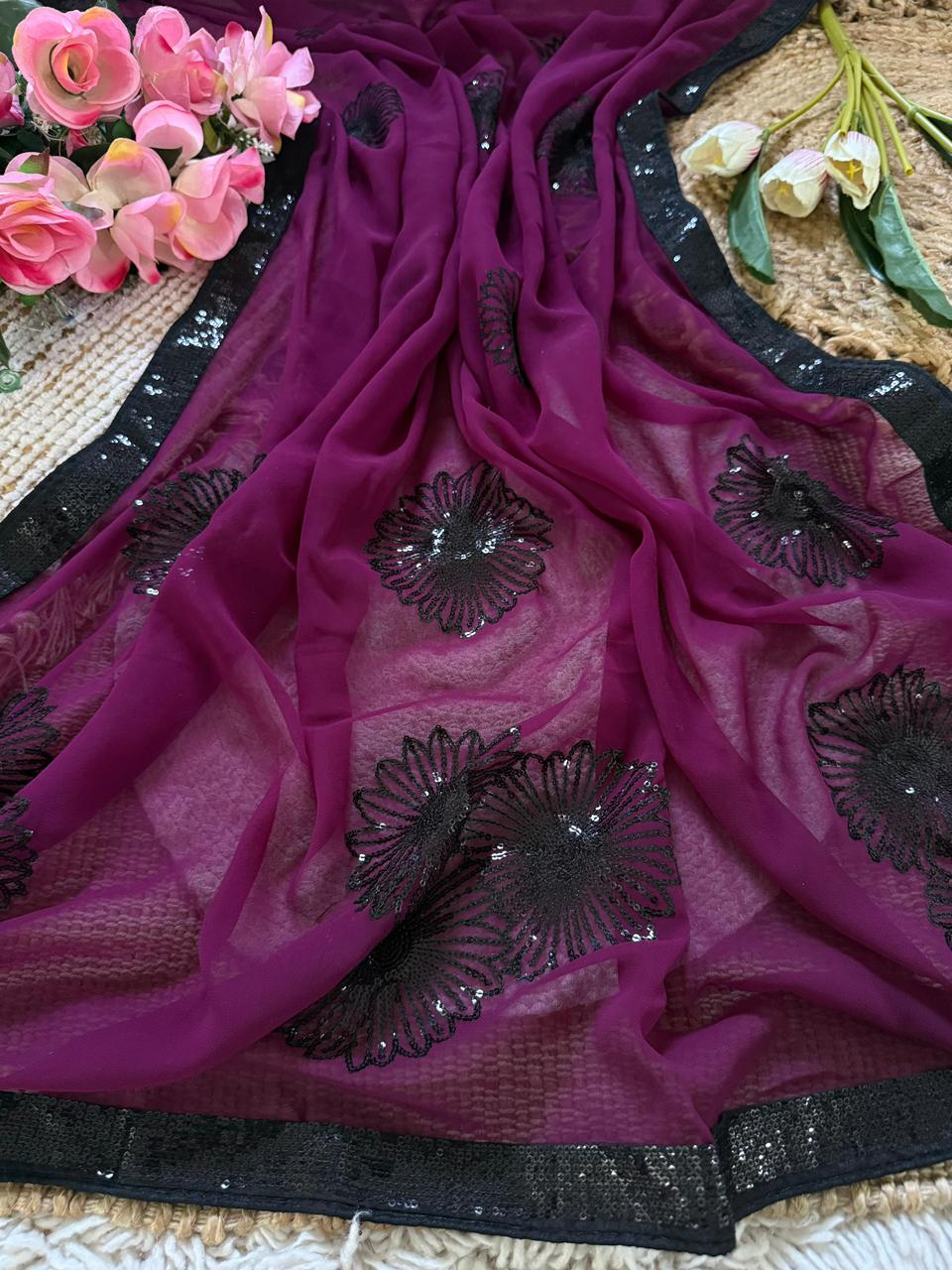 Urban Pallu Embroidered Poly Georgette Festive Saree