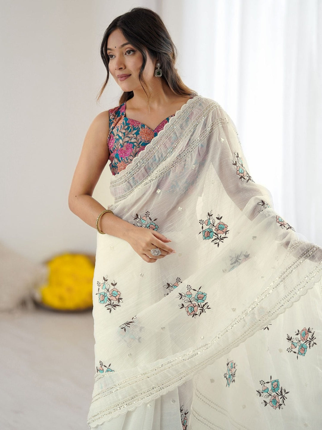 Urban Pallu Embroidered Silk Blend Festive Saree
