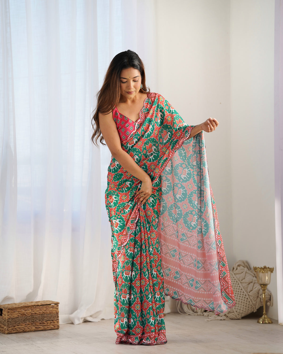 Urban Pallu Ethnic Motifs Mirror Work Silk Blend Saree