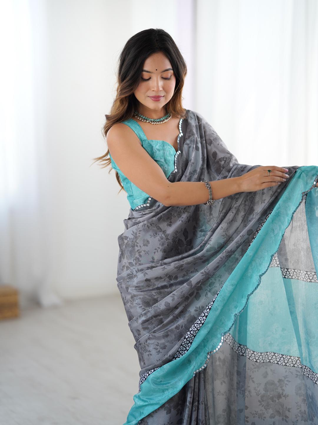 Urban Pallu Floral Sequinned Silk Blend Saree