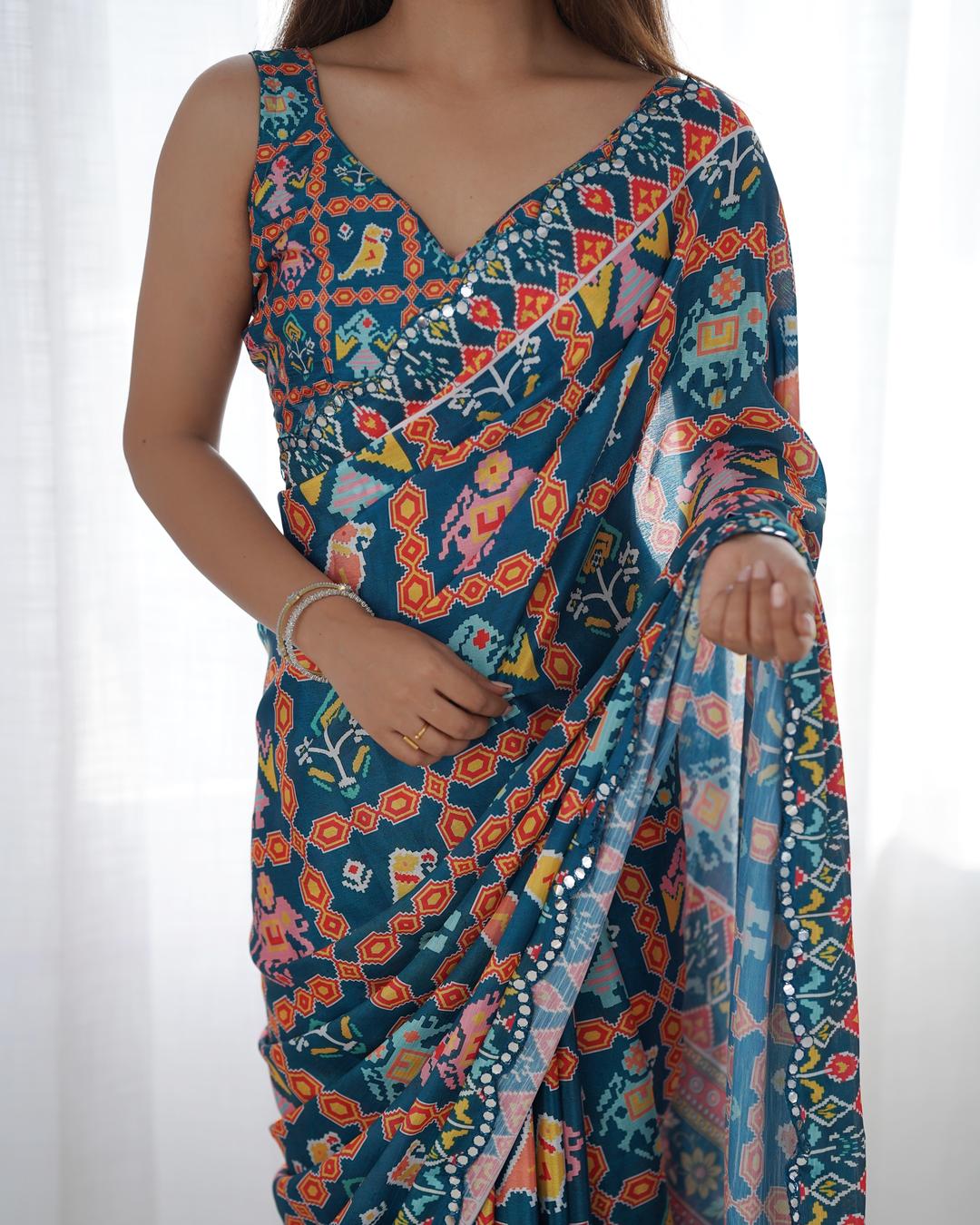 Urban Pallu Ethnic Motifs Mirror Work Silk Blend Saree
