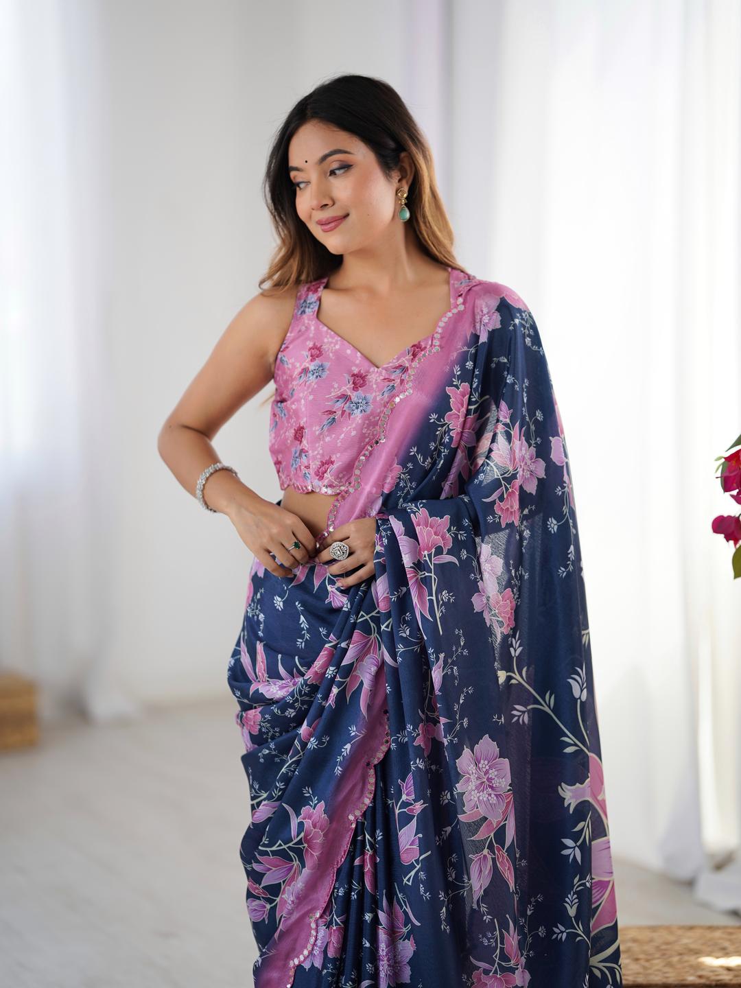 Urban Pallu Floral Sequinned Silk Blend Fusion Saree