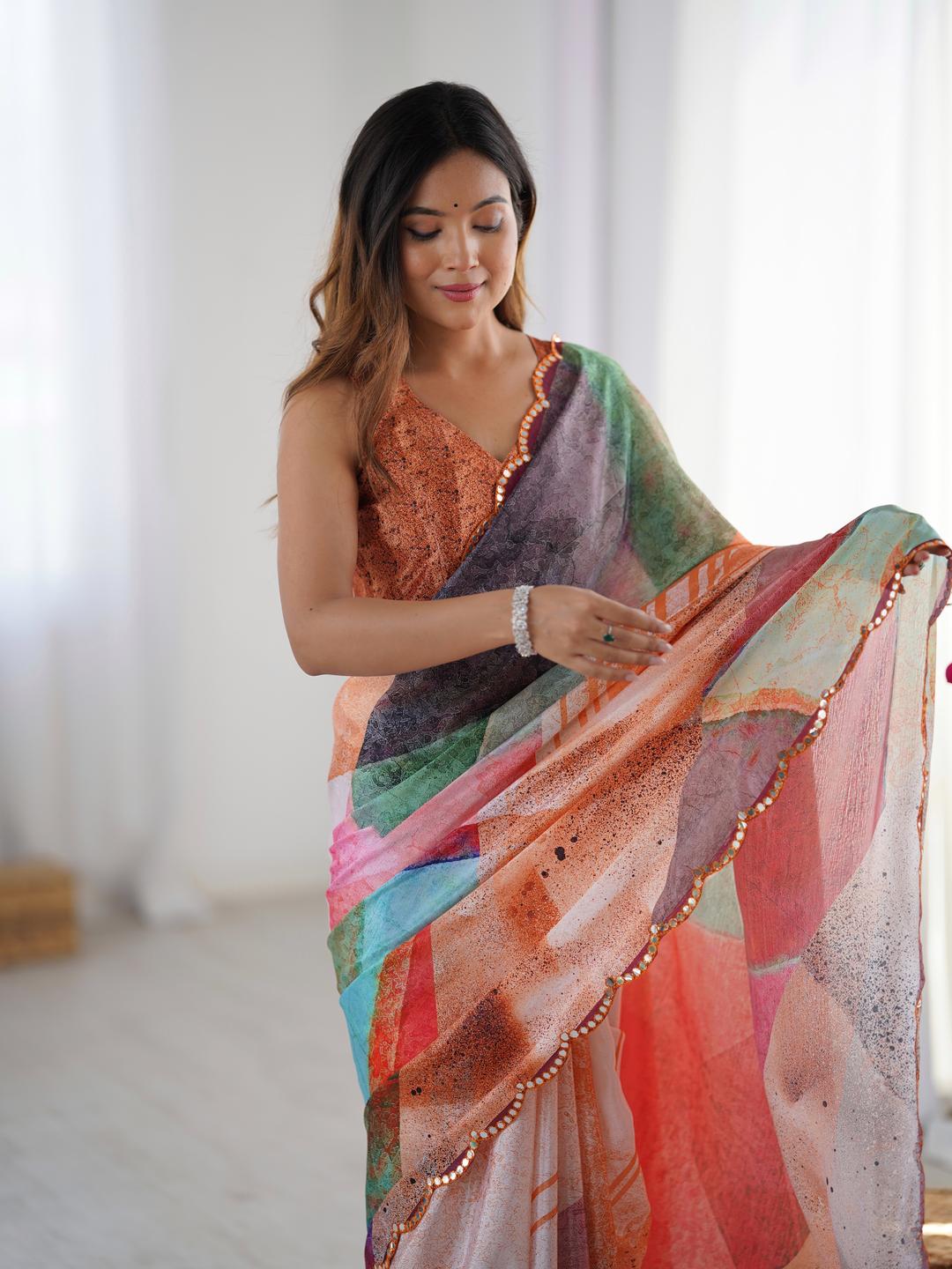 Urban Pallu Mirror Work Silk Blend Fusion Saree