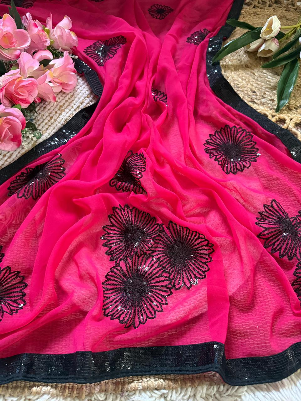 Urban Pallu Embroidered Poly Georgette Festive Saree