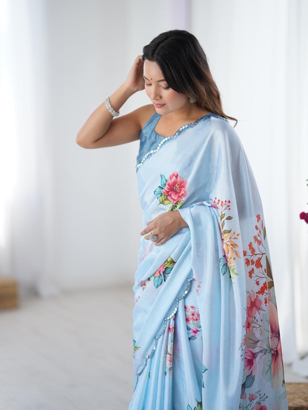 Urban Pallu Floral Sequinned Silk Blend Saree