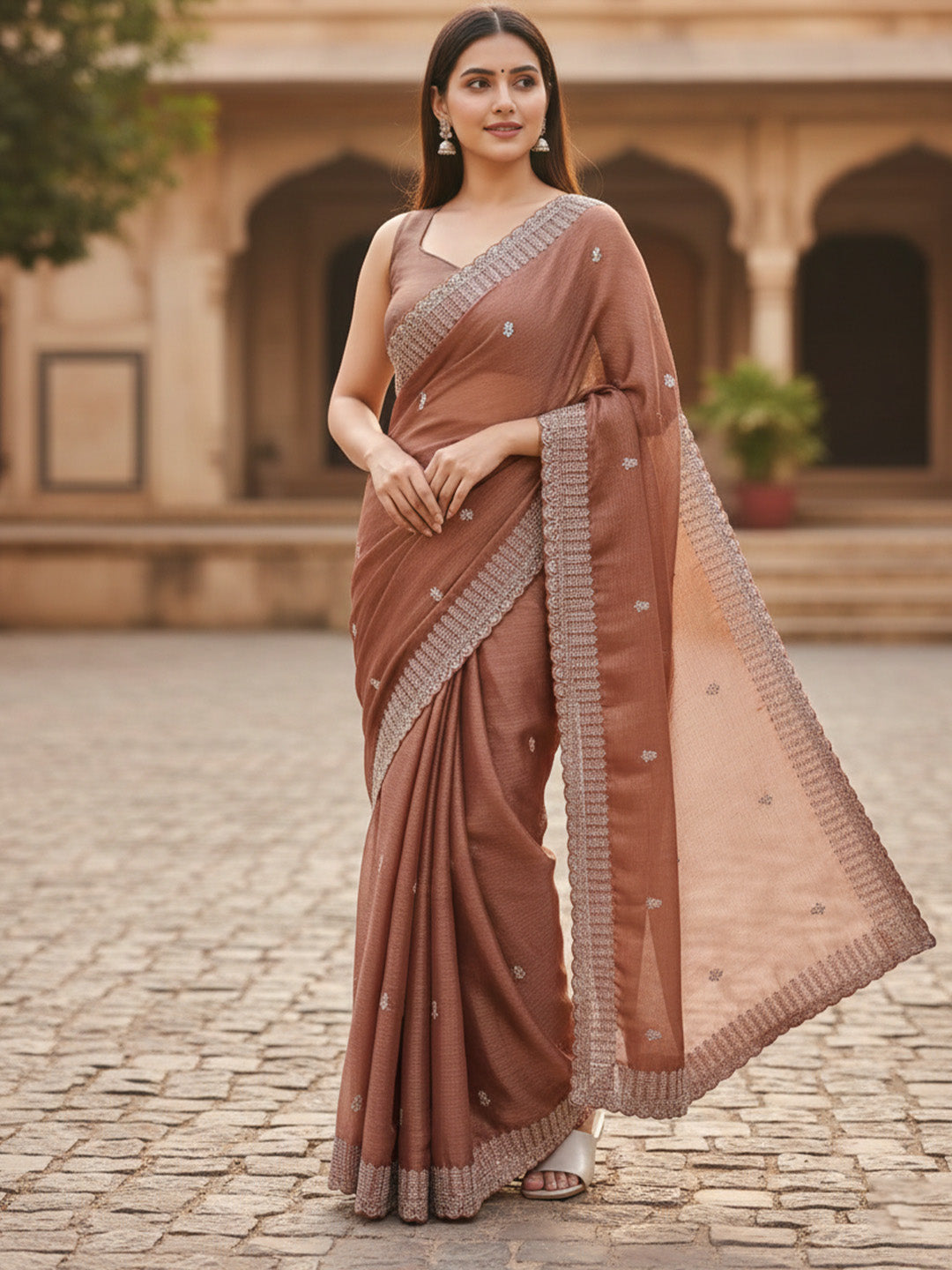 Urban Pallu Floral Sequinned Silk Blend Fusion Saree