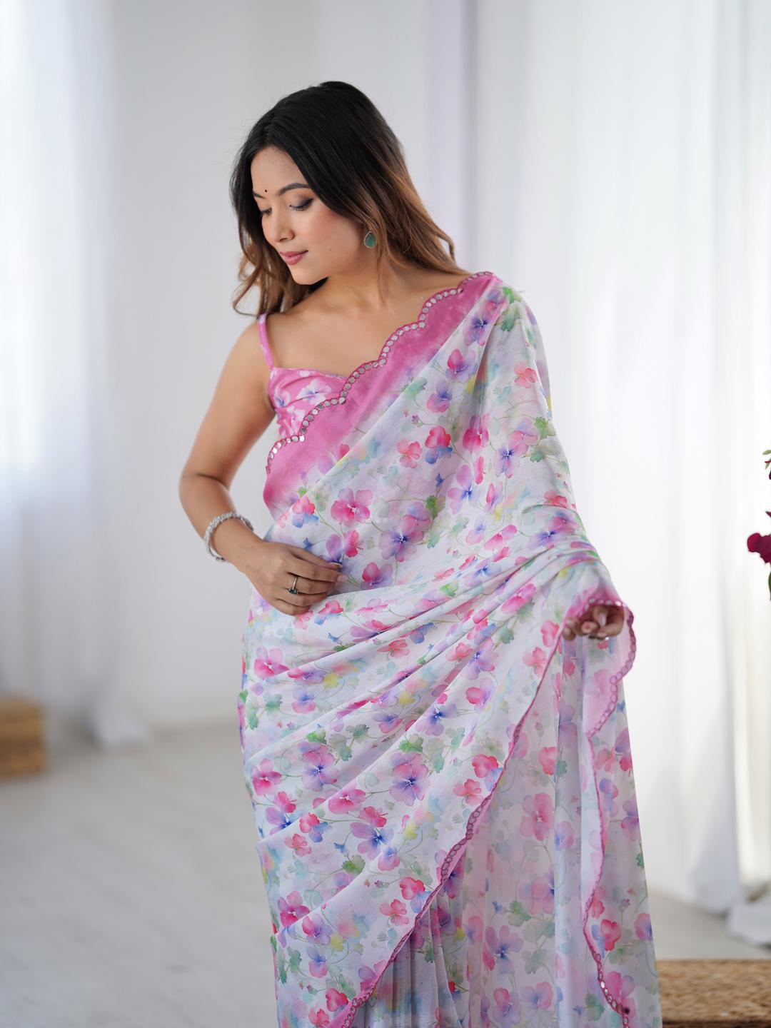 Urban Pallu Floral Mirror Work Silk Blend Saree