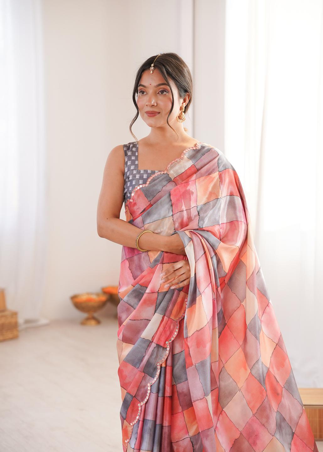 Urban Pallu Mirror Work Silk Blend Fusion Saree