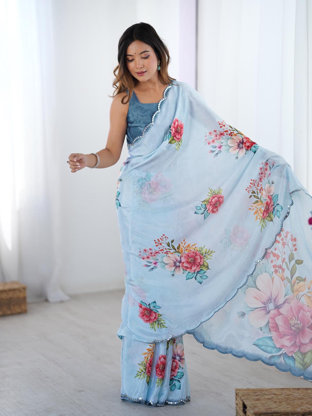 Urban Pallu Floral Sequinned Silk Blend Saree