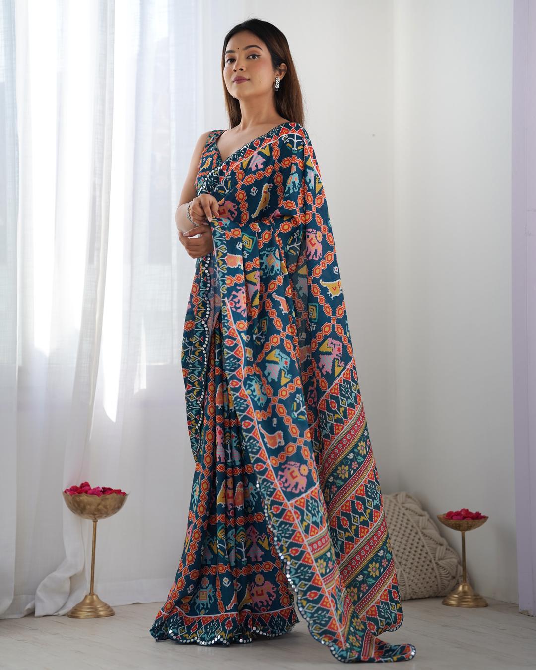 Urban Pallu Ethnic Motifs Mirror Work Silk Blend Saree
