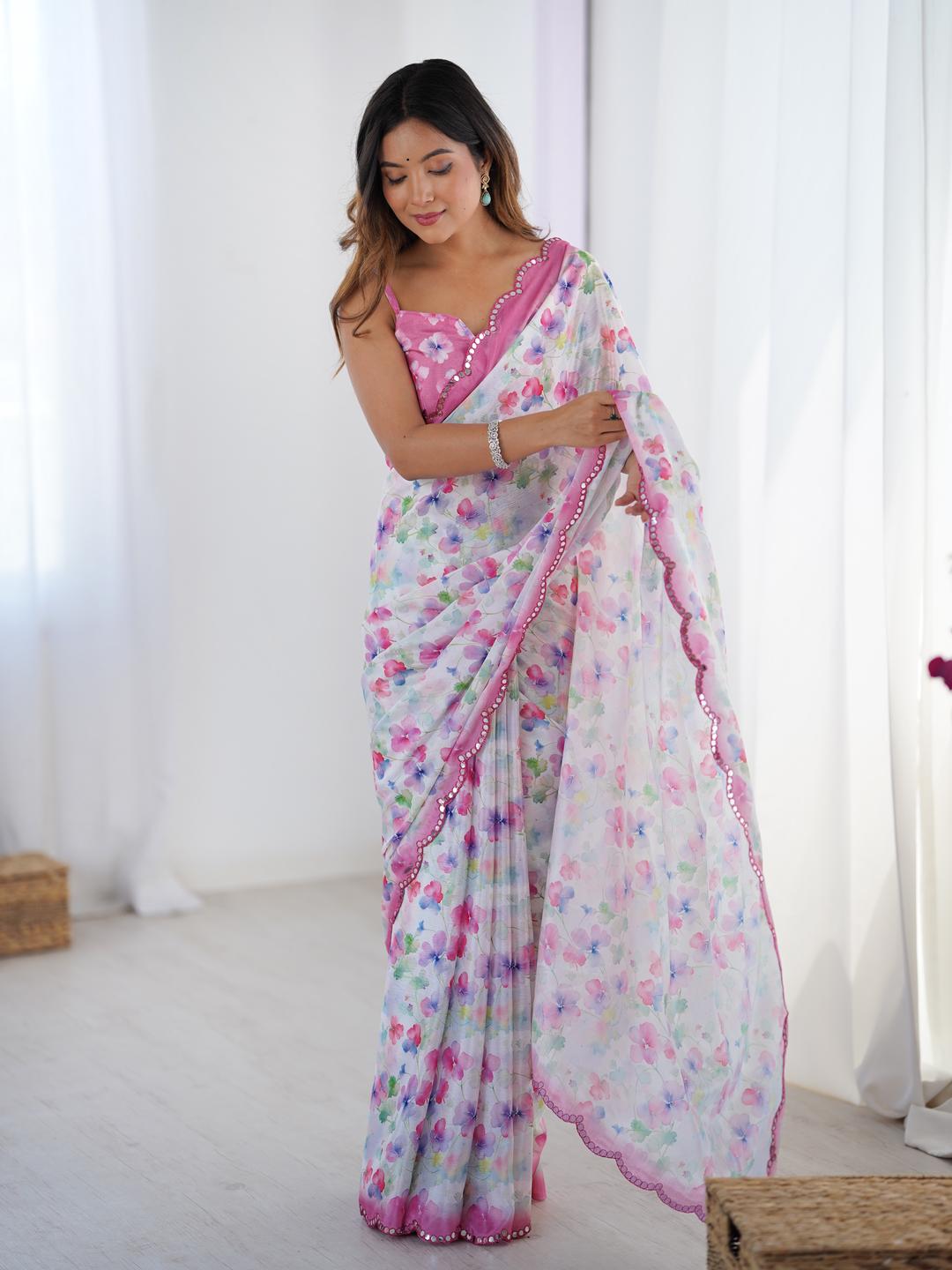 Urban Pallu Floral Mirror Work Silk Blend Saree