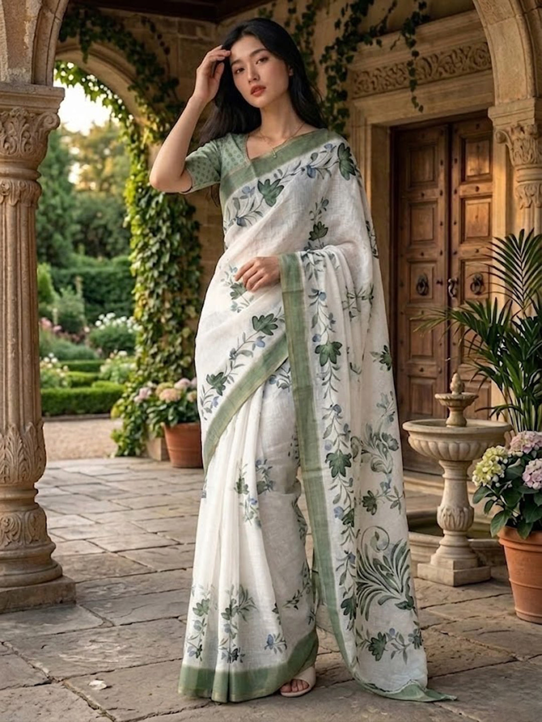Urban Pallu Printed Cotton Blend Work Saree