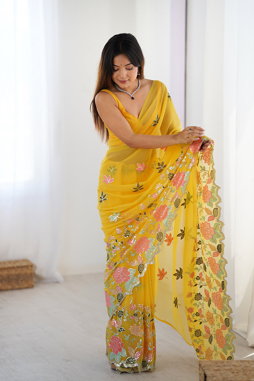 Urban Pallu Solid Poly Georgette Festive Saree