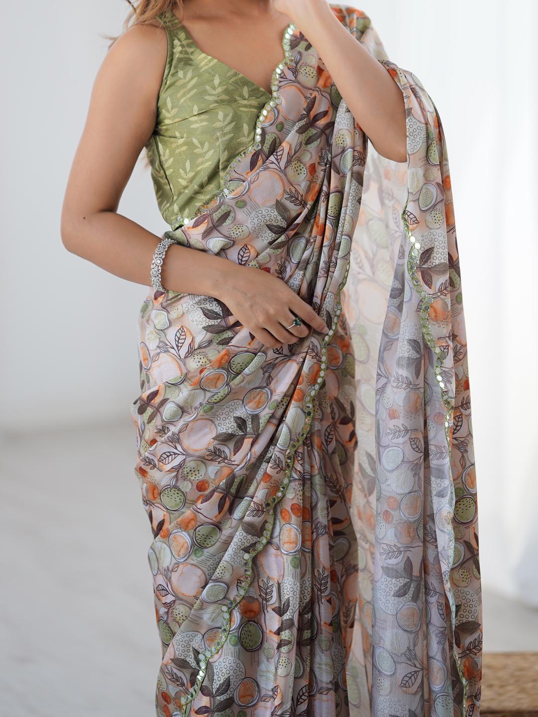 Urban Pallu Floral Sequinned Silk Blend Fusion Saree