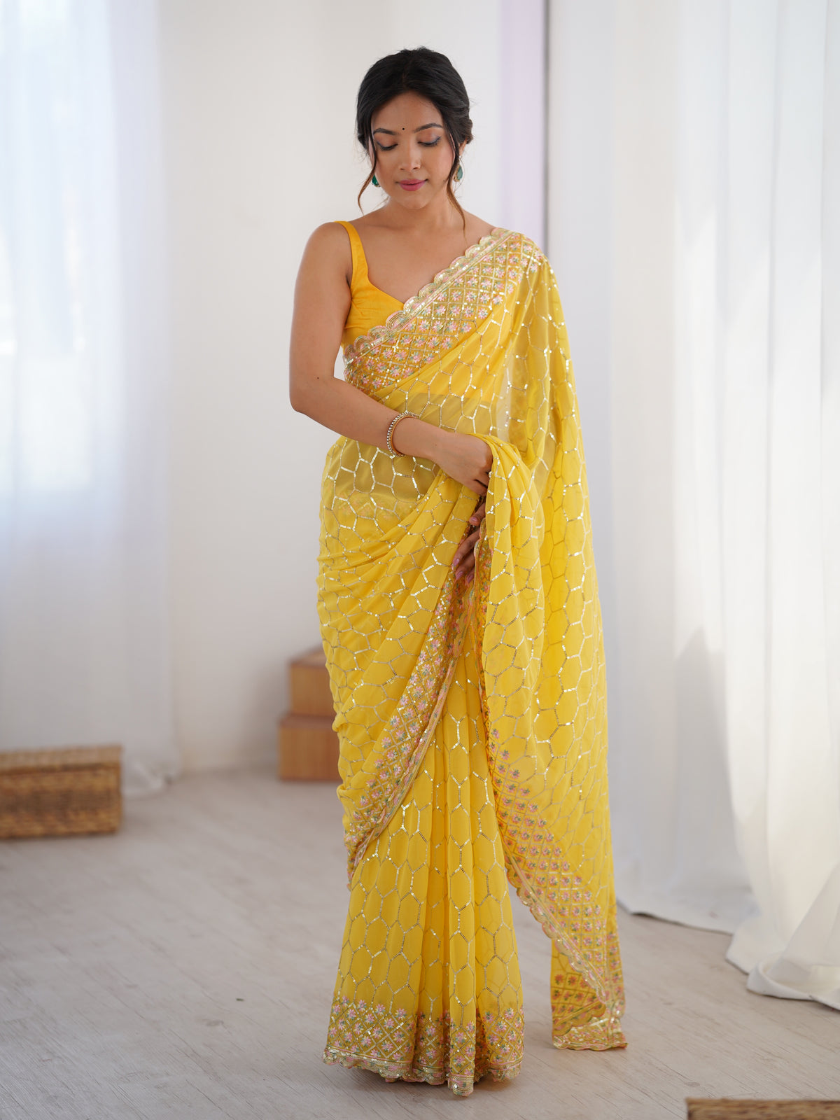 Urban Pallu Embroidered Poly Georgette Festive Saree