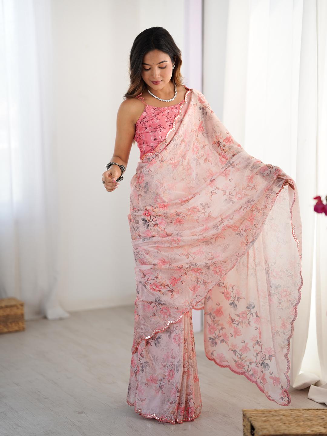 Urban Pallu Floral Sequinned Silk Blend Saree