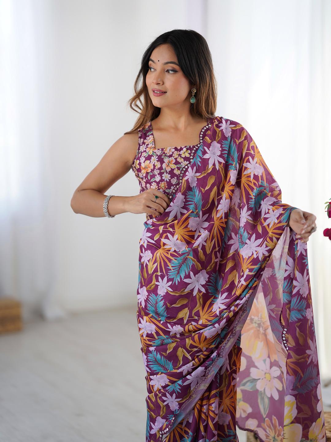 Urban Pallu Floral Sequinned Silk Blend Saree