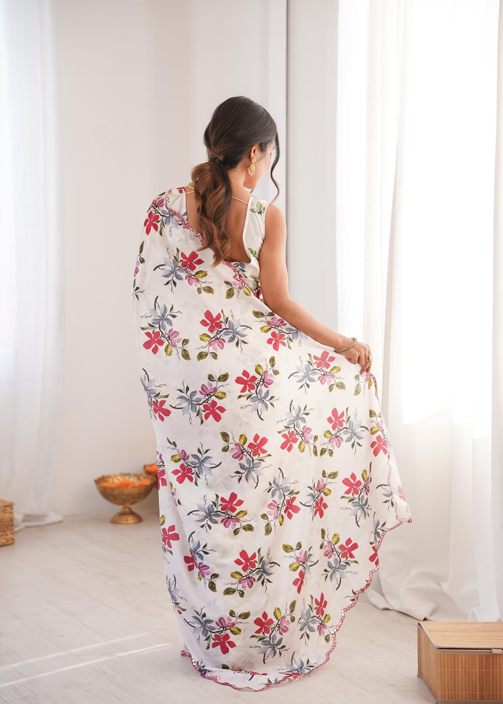 Urban Pallu Floral Mirror Work Silk Blend Fusion Saree