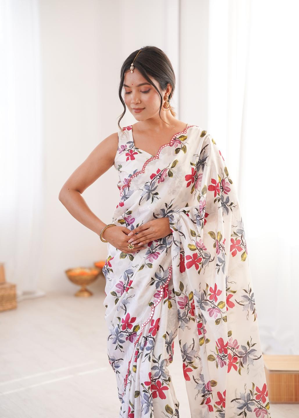 Urban Pallu Floral Mirror Work Silk Blend Fusion Saree