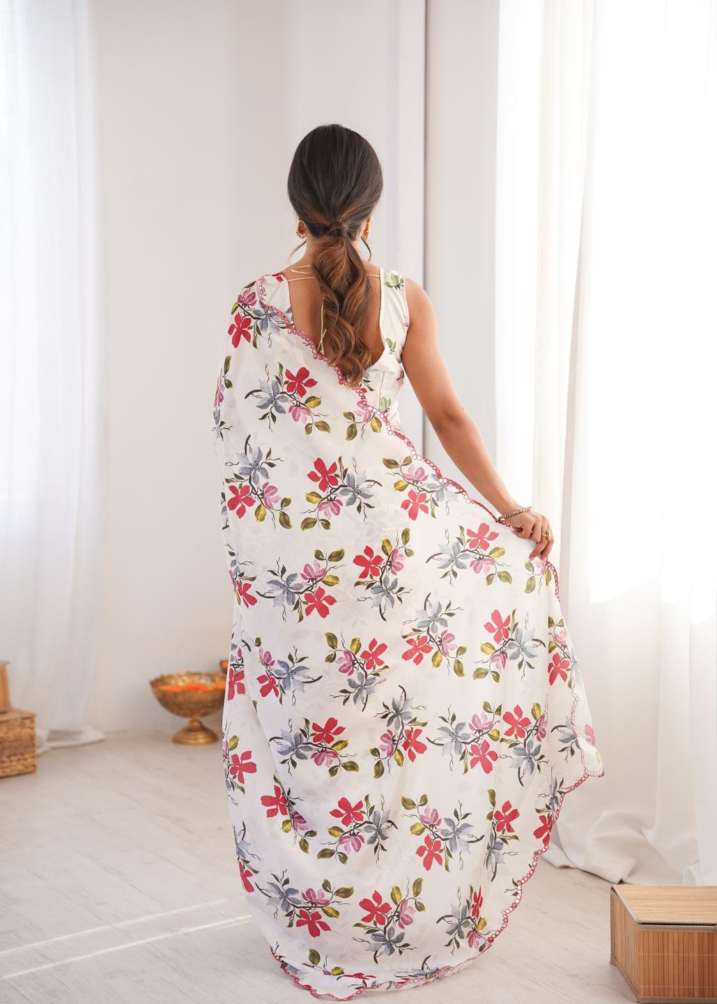 Urban Pallu Floral Mirror Work Silk Blend Fusion Saree