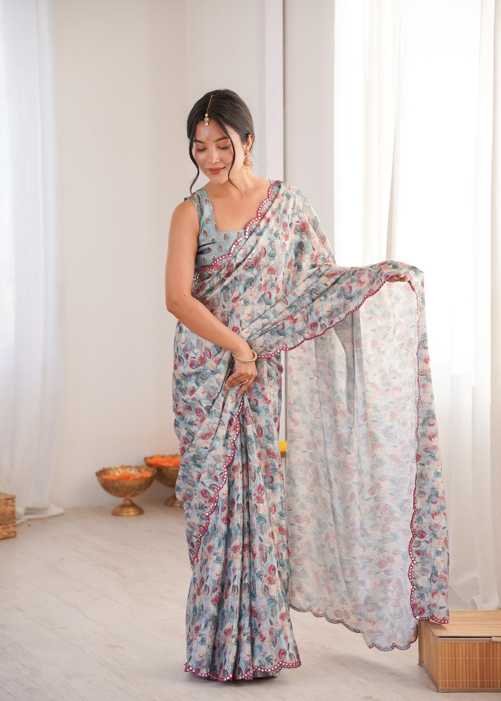 Urban Pallu Floral Mirror Work Silk Blend Fusion Saree