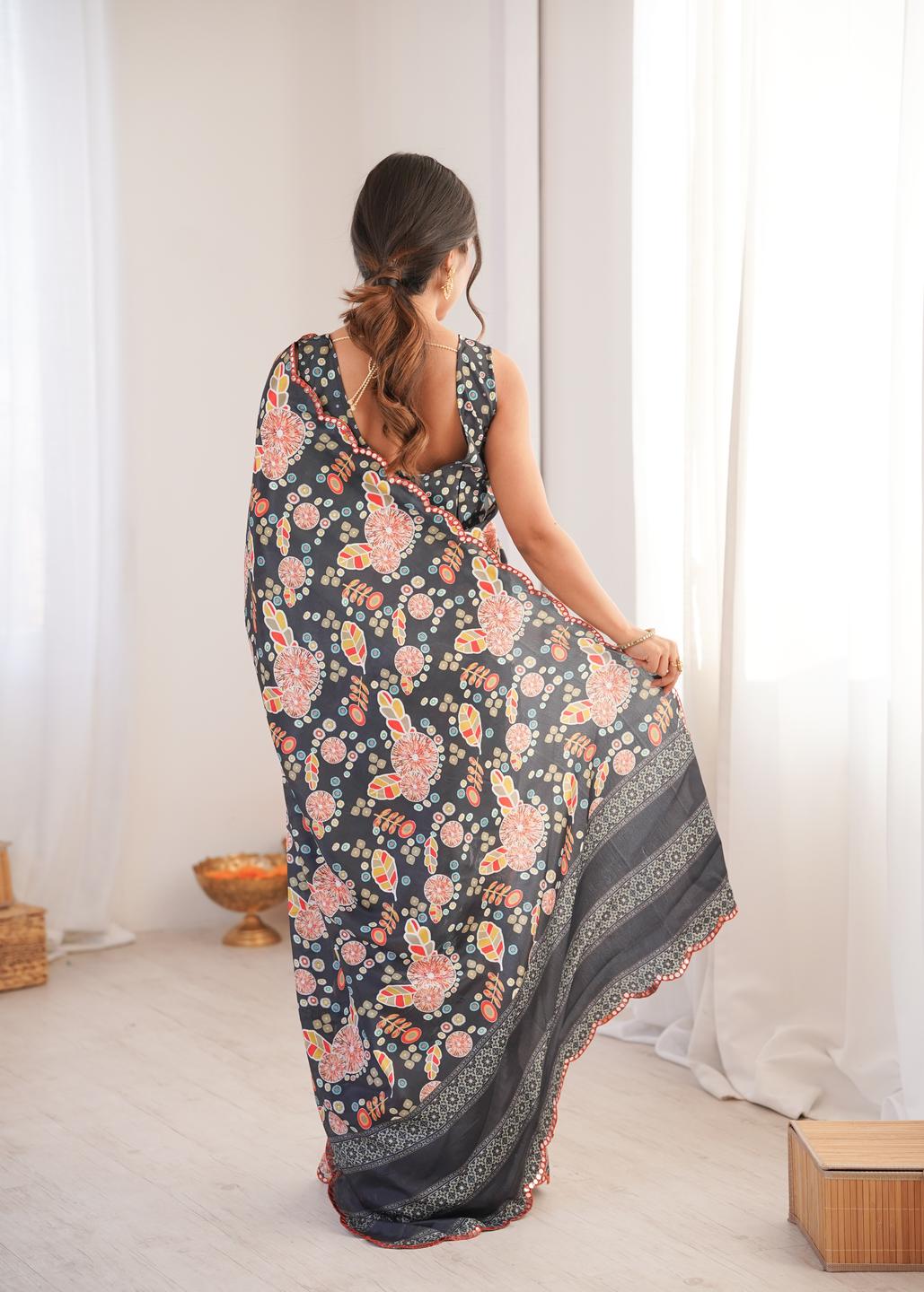 Urban Pallu Floral Mirror Work Silk Blend Saree