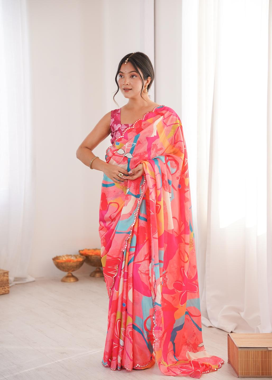 Urban Pallu Floral Mirror Work Silk Blend Saree