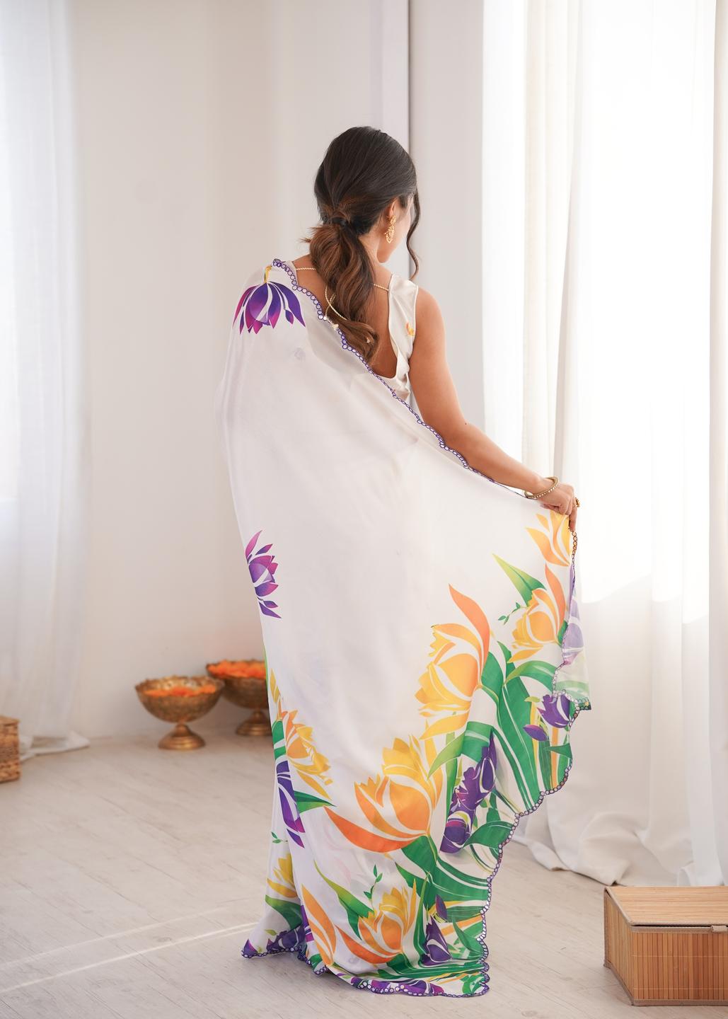 Urban Pallu Floral Mirror Work Silk Blend Saree