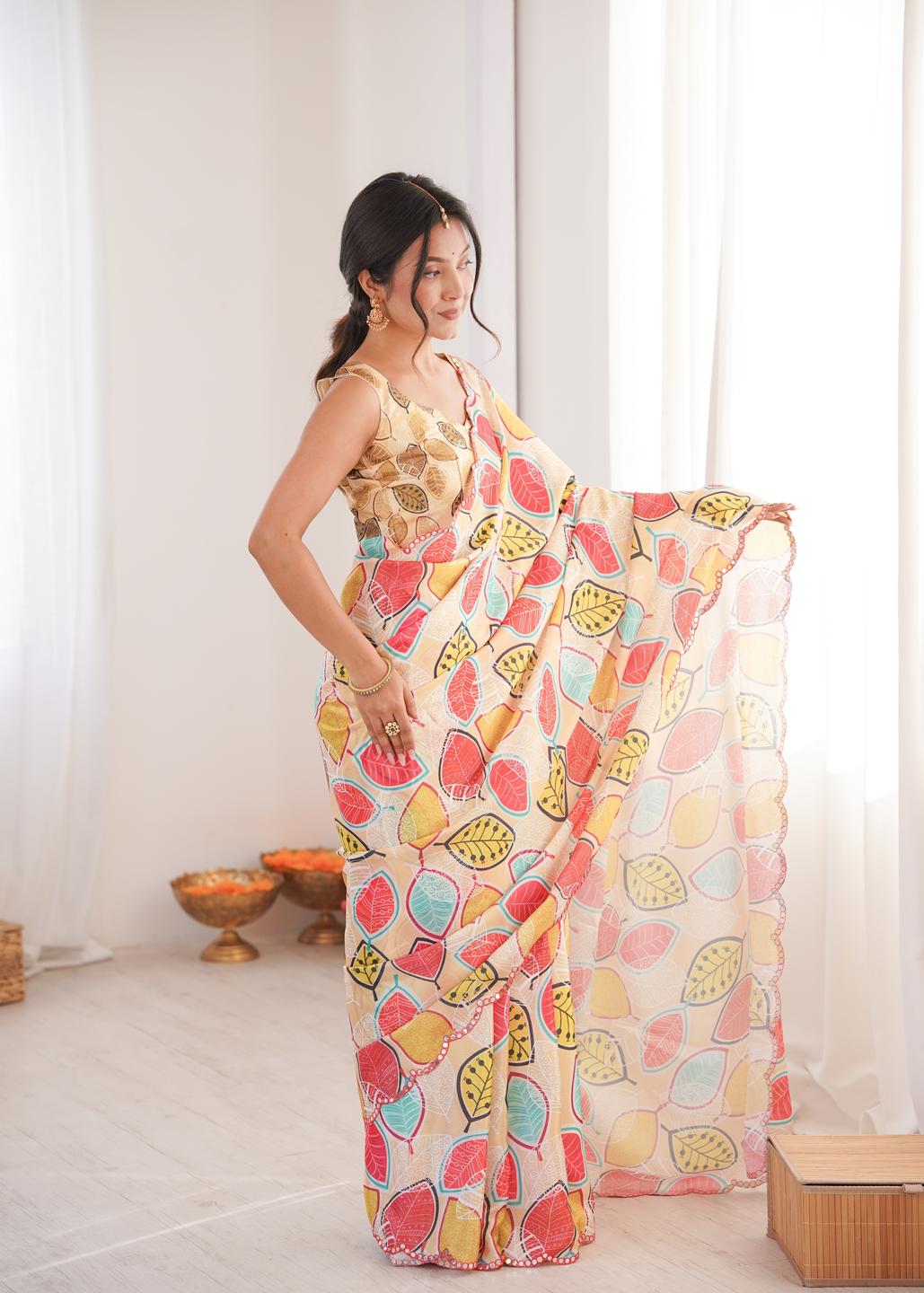 Urban Pallu Floral Mirror Work Silk Blend Saree