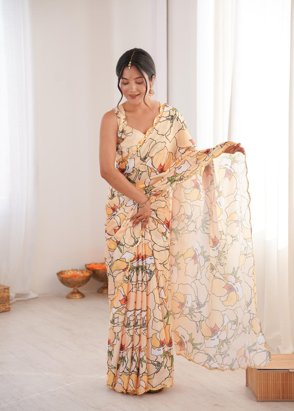 Urban Pallu Floral Mirror Work Silk Blend Designer Saree