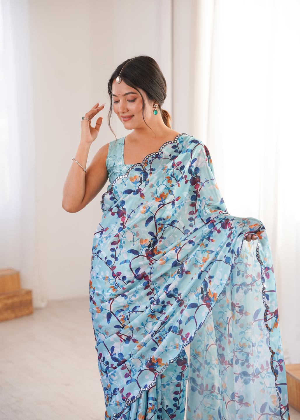 Urban Pallu Floral Mirror Work Silk Blend Fusion Saree