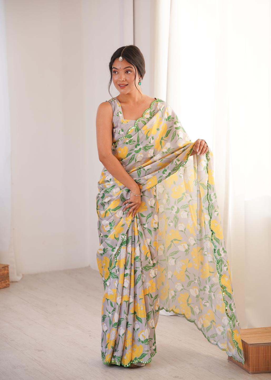 Urban Pallu Floral Sequinned Silk Blend Saree