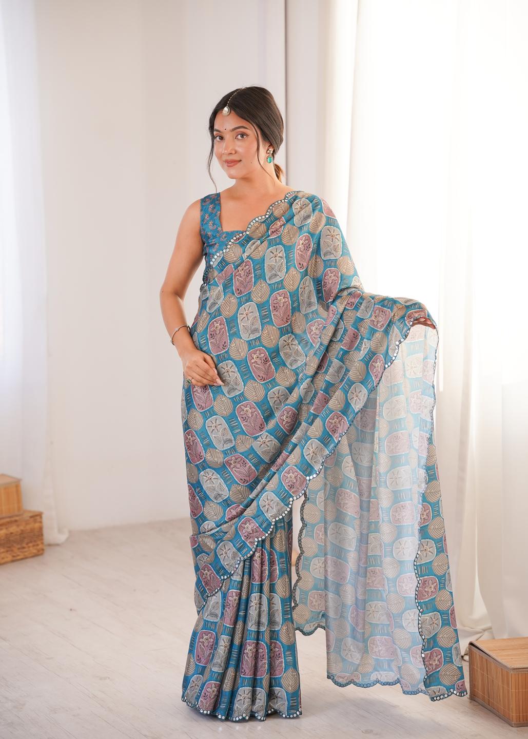 Urban Pallu Ethnic Motifs Mirror Work Silk Blend Saree