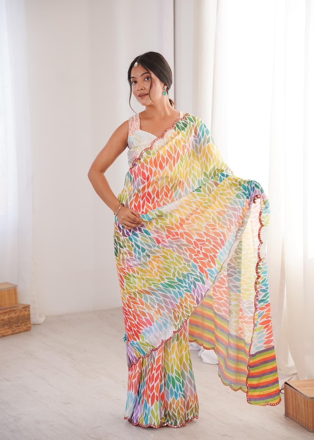 Urban Pallu Mirror Work Silk Blend Fusion Saree
