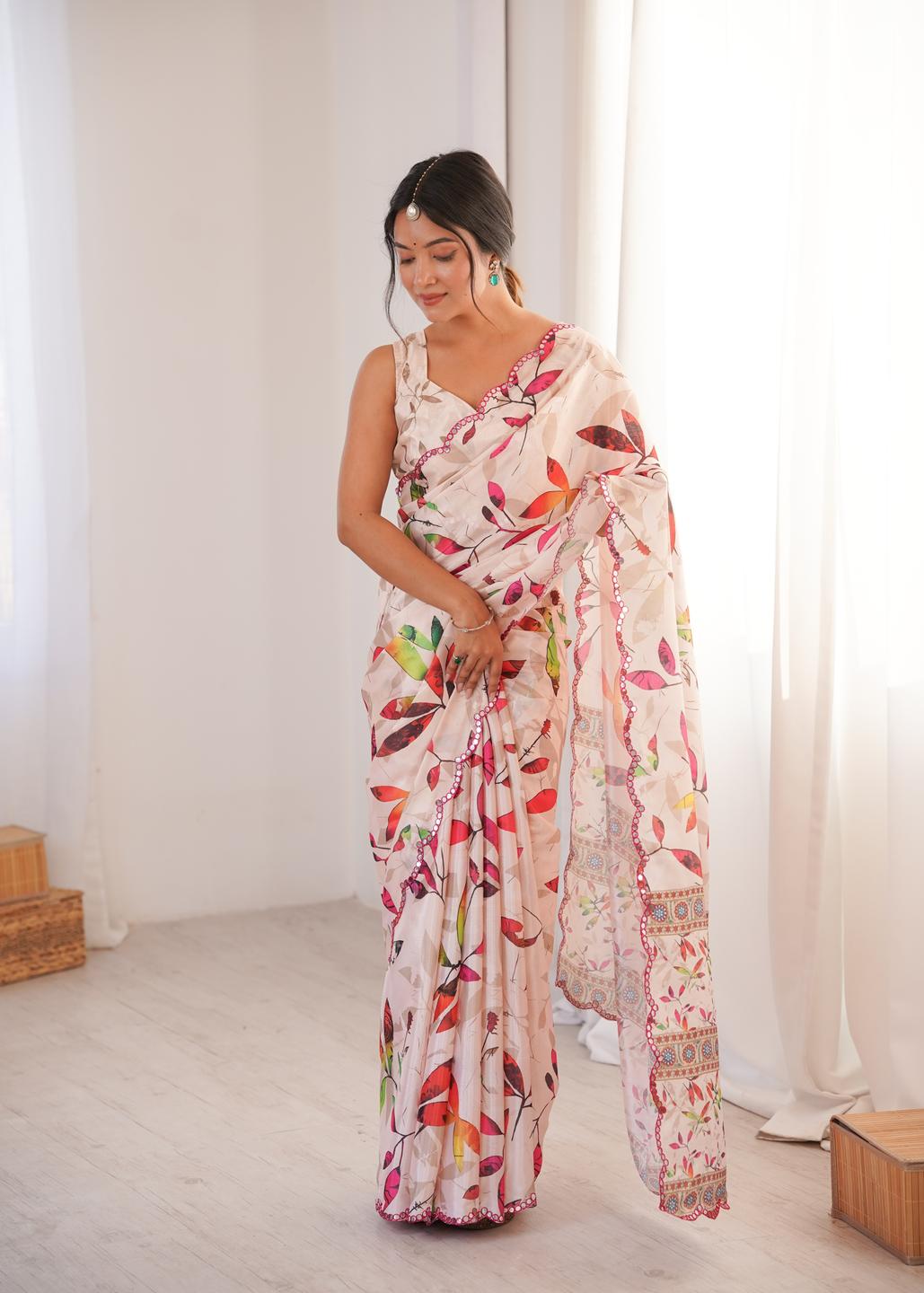 Urban Pallu Floral Mirror Work Silk Blend Fusion Saree
