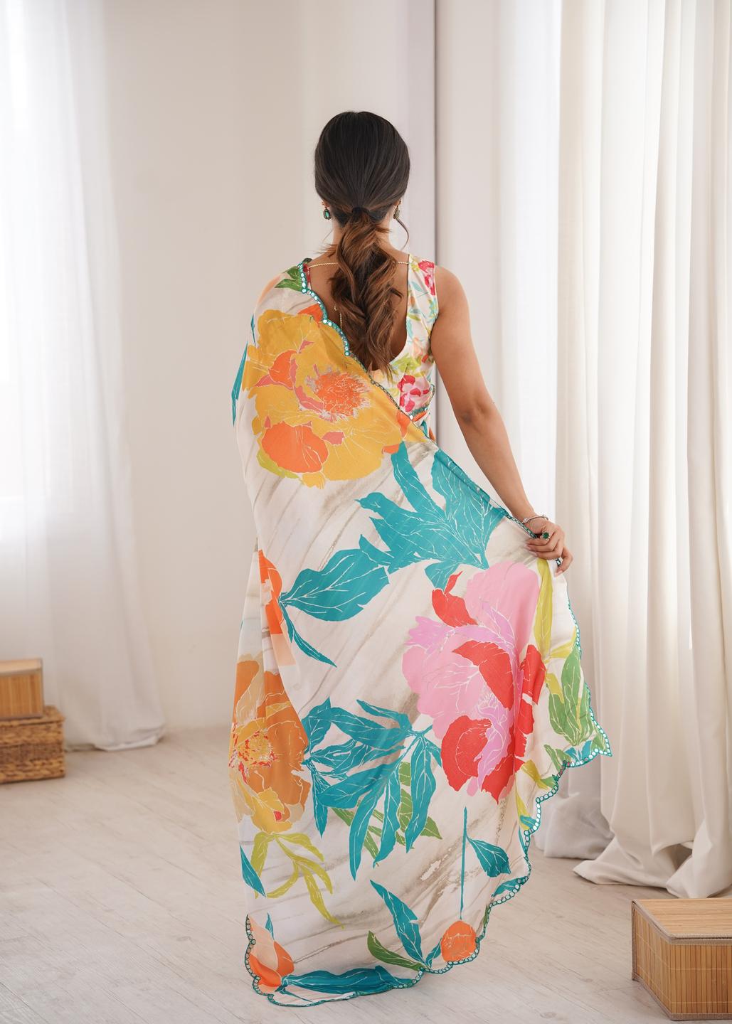 Urban Pallu Floral Sequinned Silk Blend Fusion Saree
