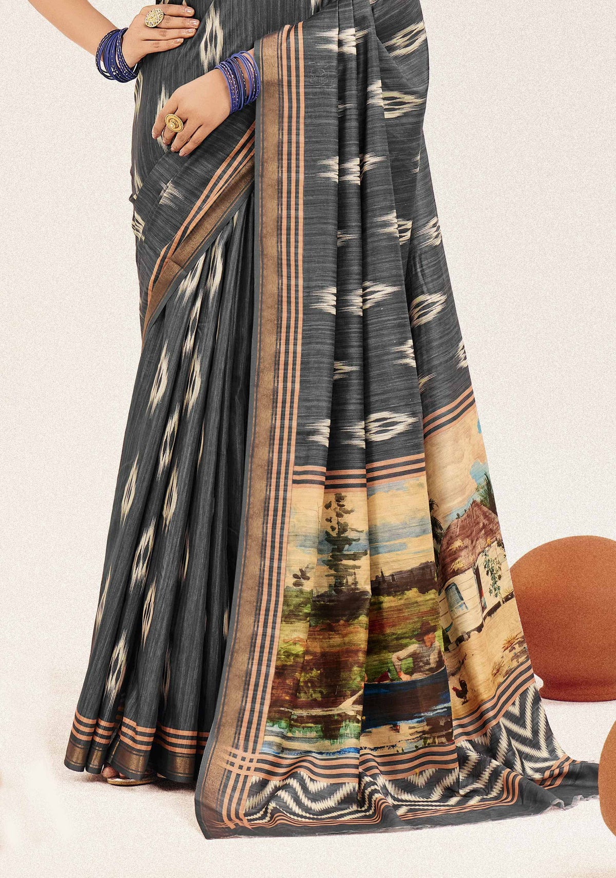Urban Pallu Abstract Printed Silk Cotton Fusion Ikat Saree