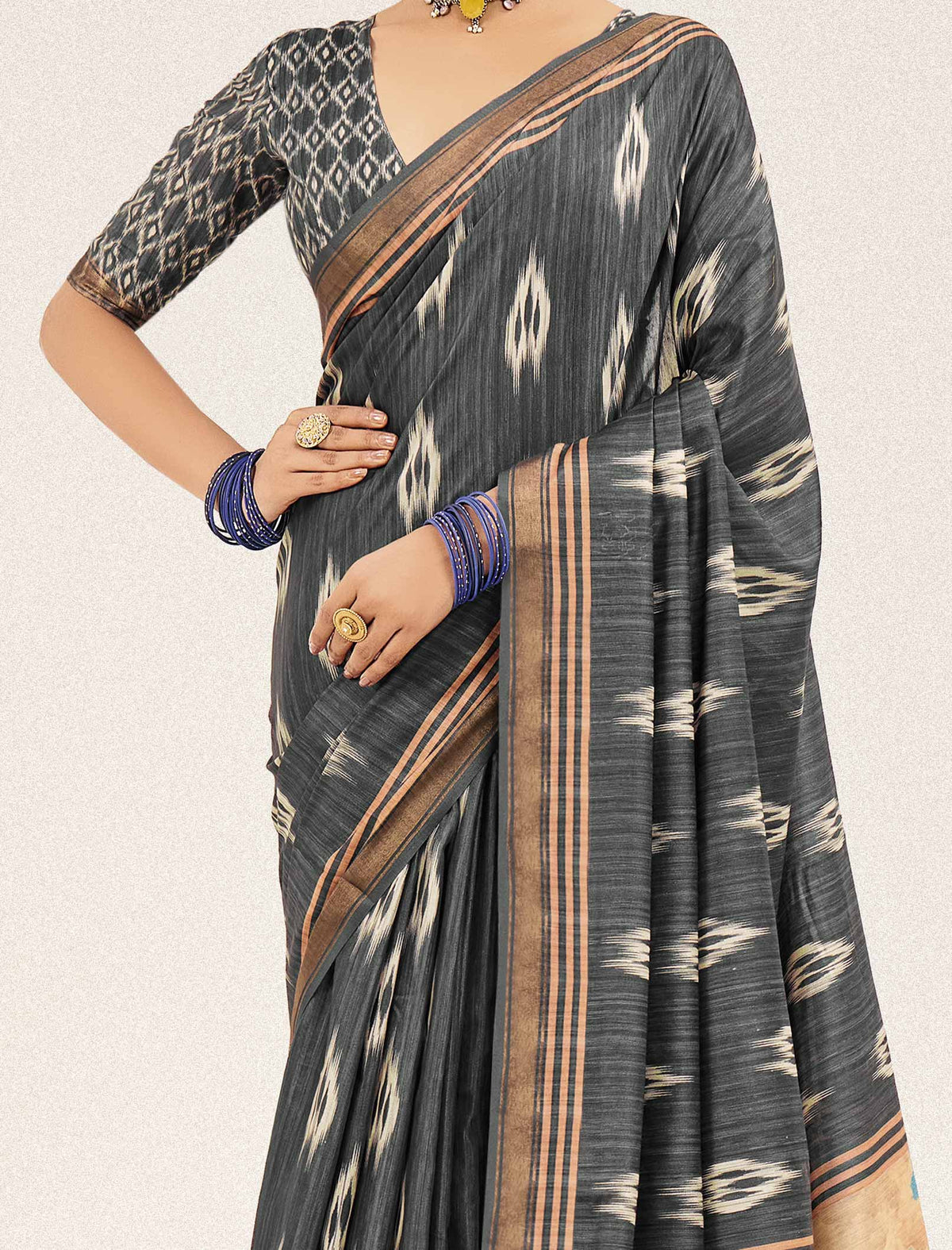 Urban Pallu Abstract Printed Silk Cotton Fusion Ikat Saree