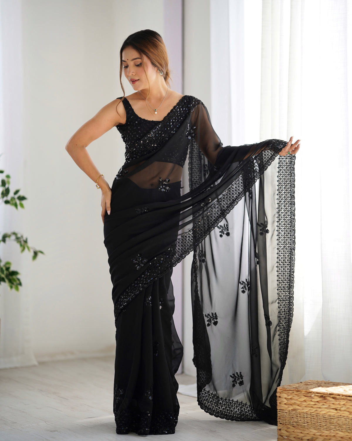 Urban Pallu Embroidered Poly Georgette Fusion Saree