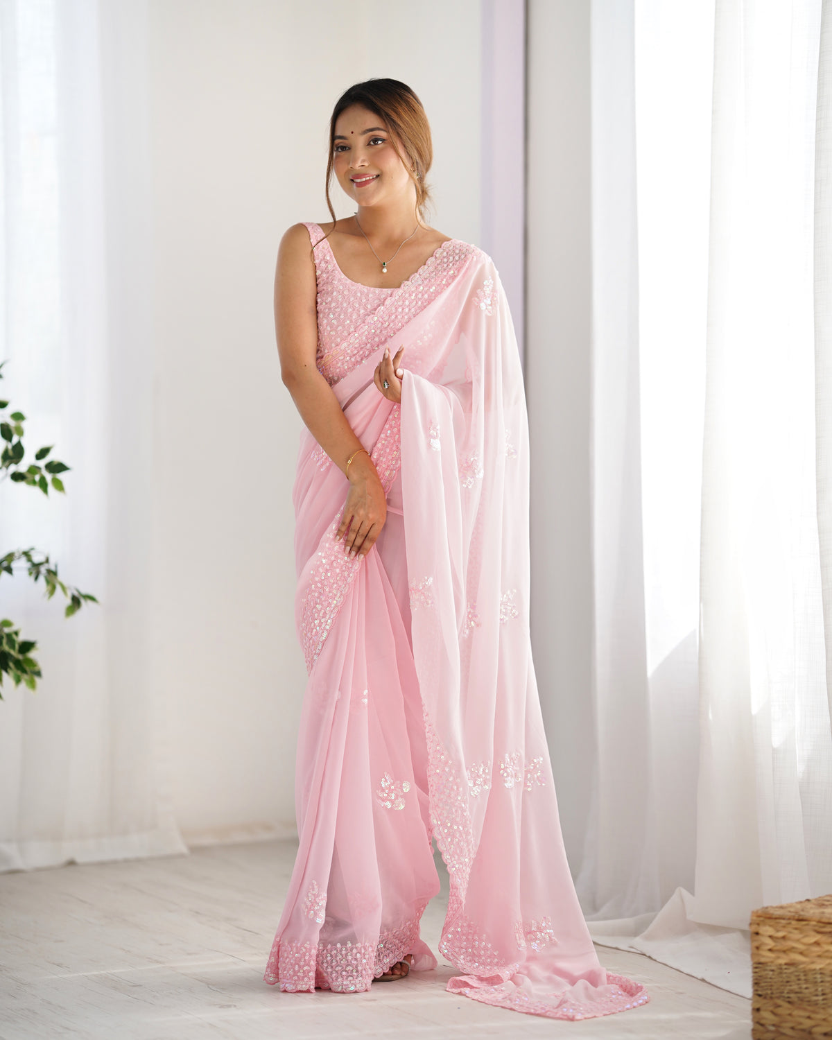 Urban Pallu Embroidered Poly Georgette Fusion Saree