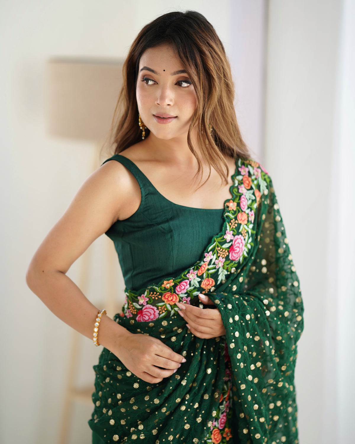 Urban Pallu Embroidered Poly Georgette Fusion Saree