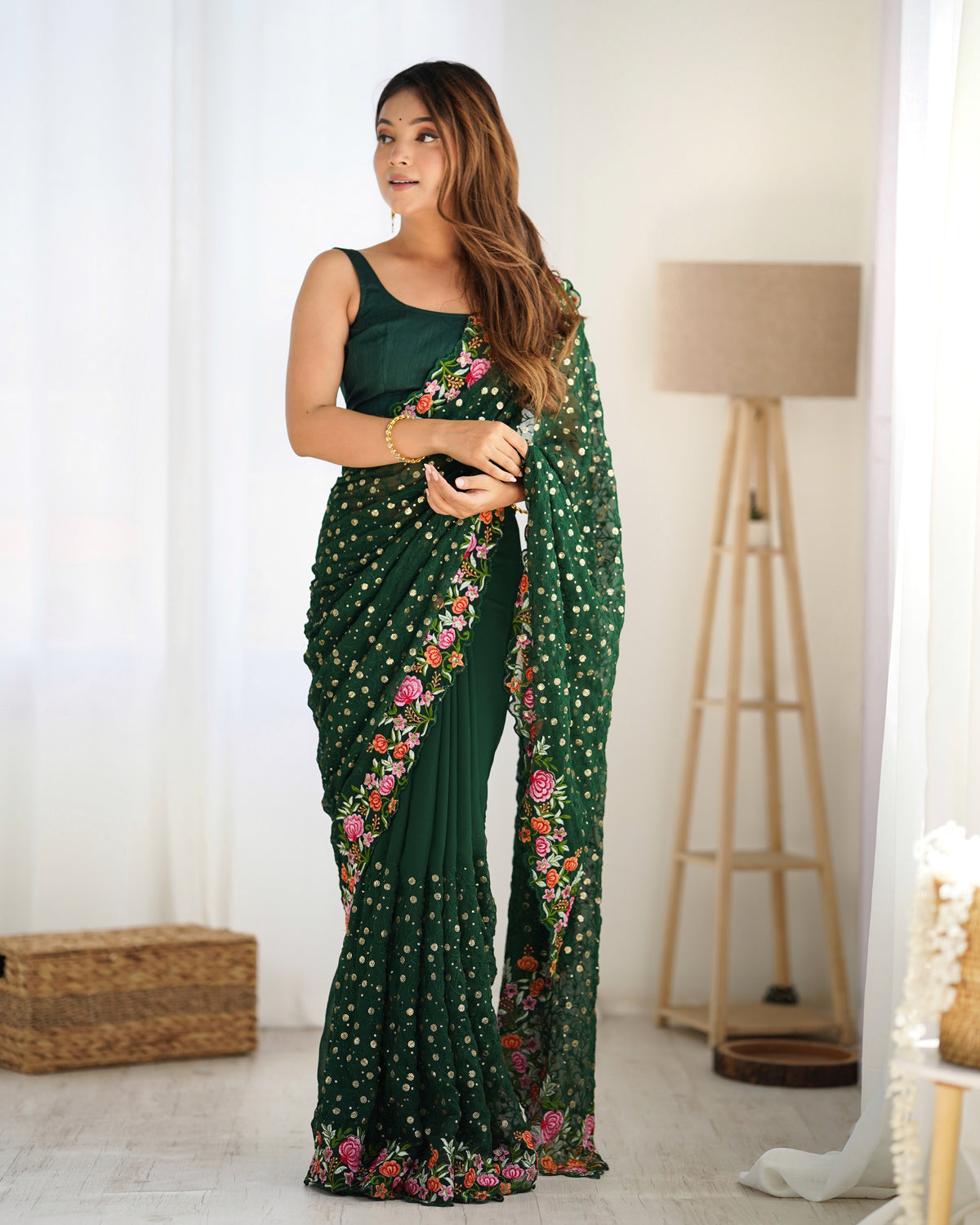 Urban Pallu Embroidered Poly Georgette Fusion Saree