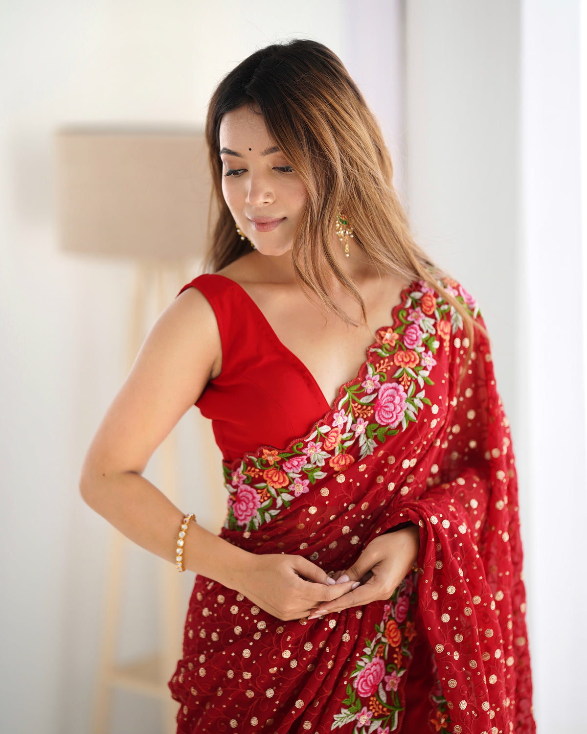 Urban Pallu Embroidered Poly Georgette Fusion Saree