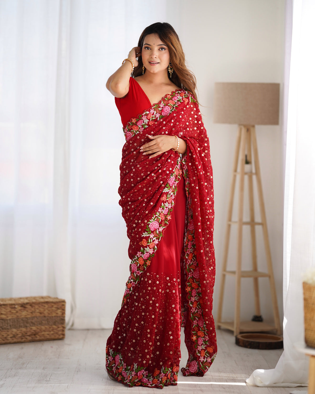 Urban Pallu Embroidered Poly Georgette Fusion Saree