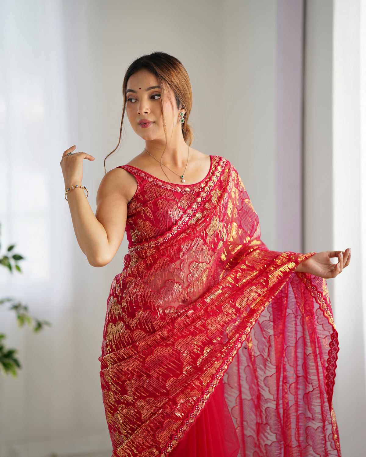 Urban Pallu Embroidered Net Festive Saree